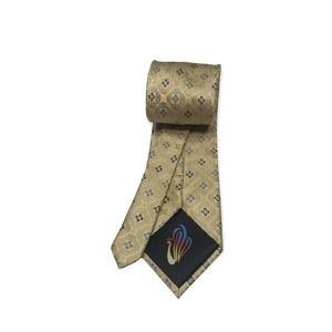 Peacocks Mens Silk Necktie Gold Geometric Pattern Hand Made Luxury Business Suit